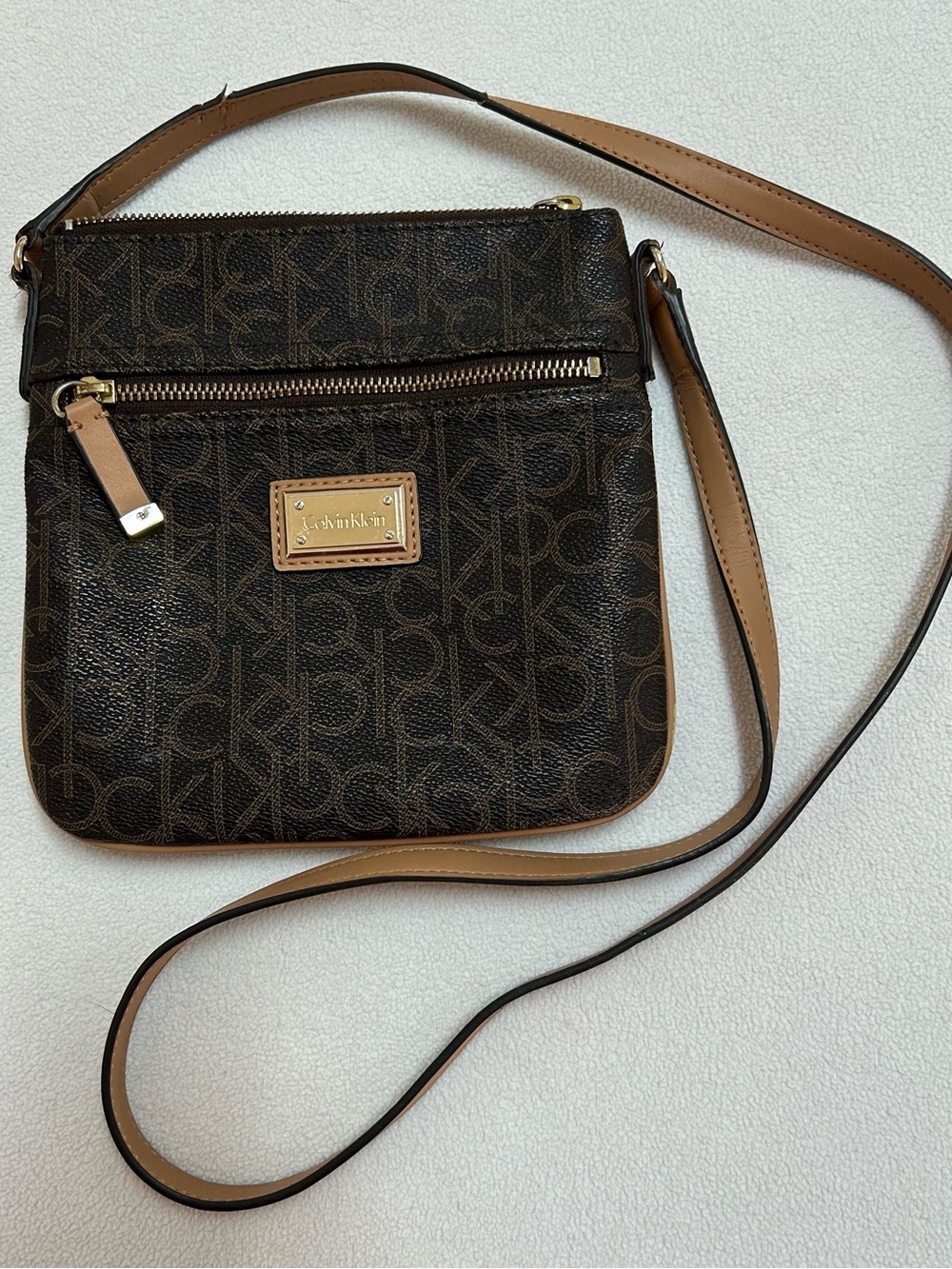 Calvin Klein Brown Logo Crossbody with Gold Accents